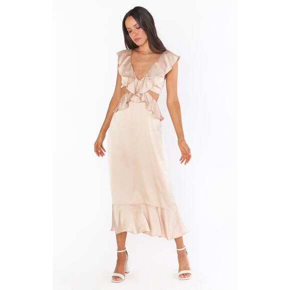 Show Me Your Mumu Zoey Midi Dress in Champagne Luxe Satin L NWT - Picture 3 of 10